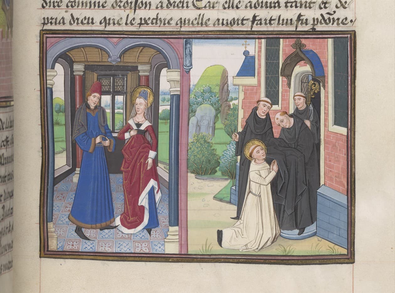 two manuscript illuminations of a female figure dressed as a medieval princess and as a masculine monk