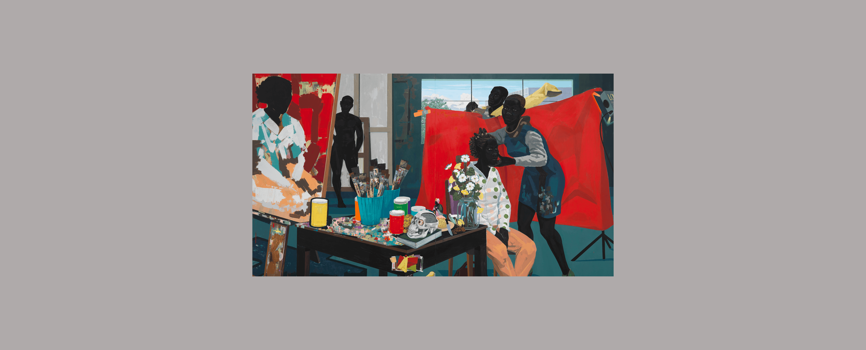 A snapshot of a moment in time inside an artists studio. This painting is colorful and energetic, with a model being posed as a painter gets ready.