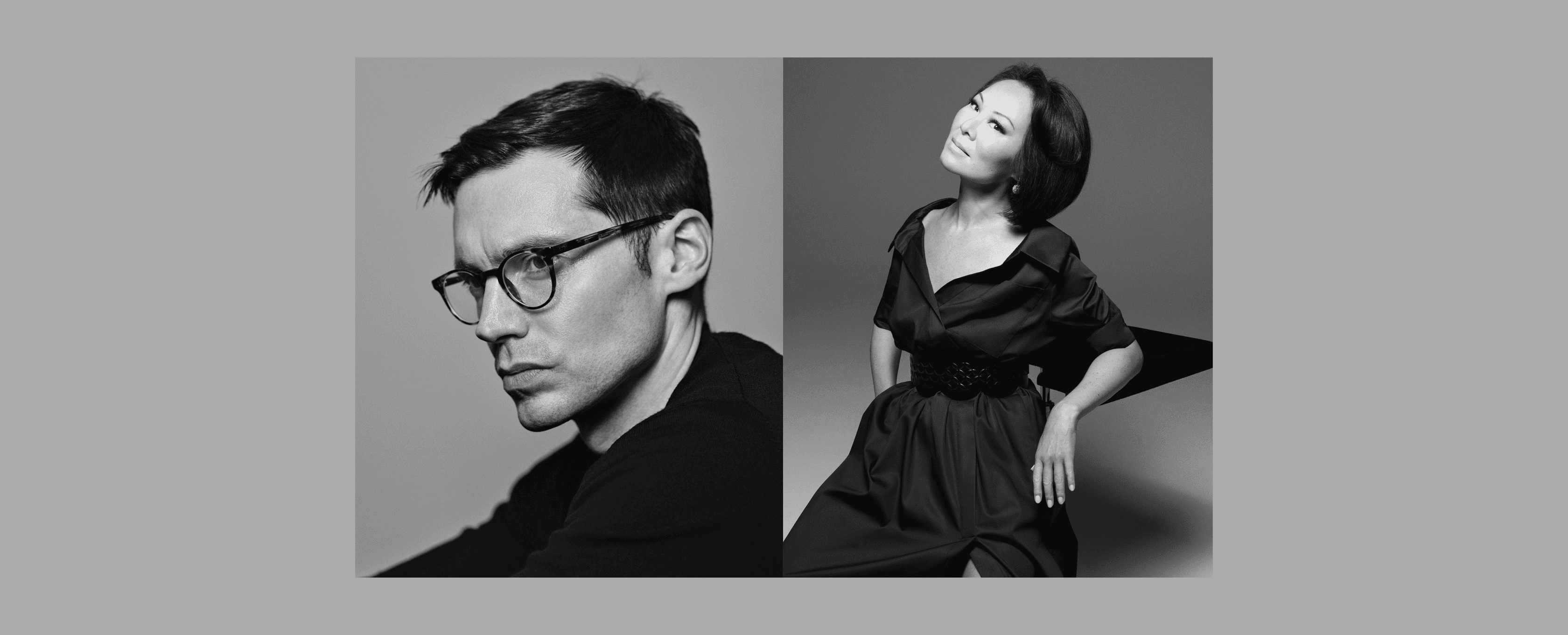 Two black and white headshots side by side. On left, Erdem Moralioglu wearing glasses and a dark shirt looking toward the left. On right, Alina Cho looking toward the camera, sitting on the floor with her left arm propped against a support wearing a dress with a collar and open neck.
