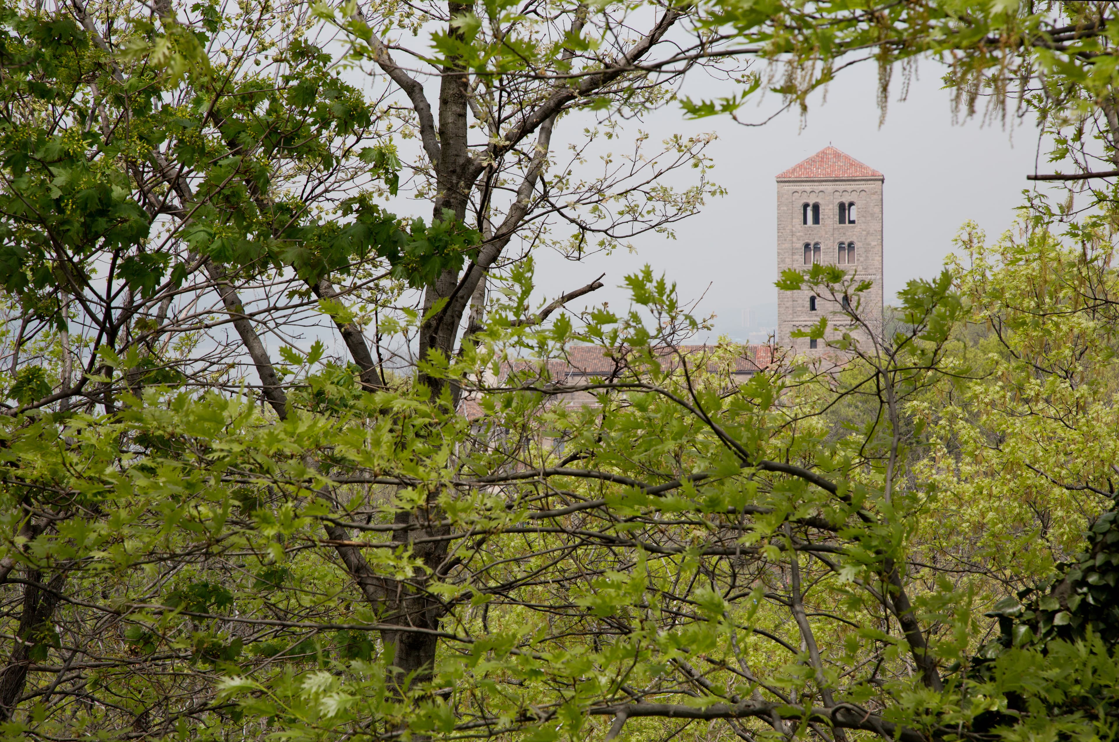 Exterior view of The Met Cloisters as seen through the trees in Fort Tryon Park